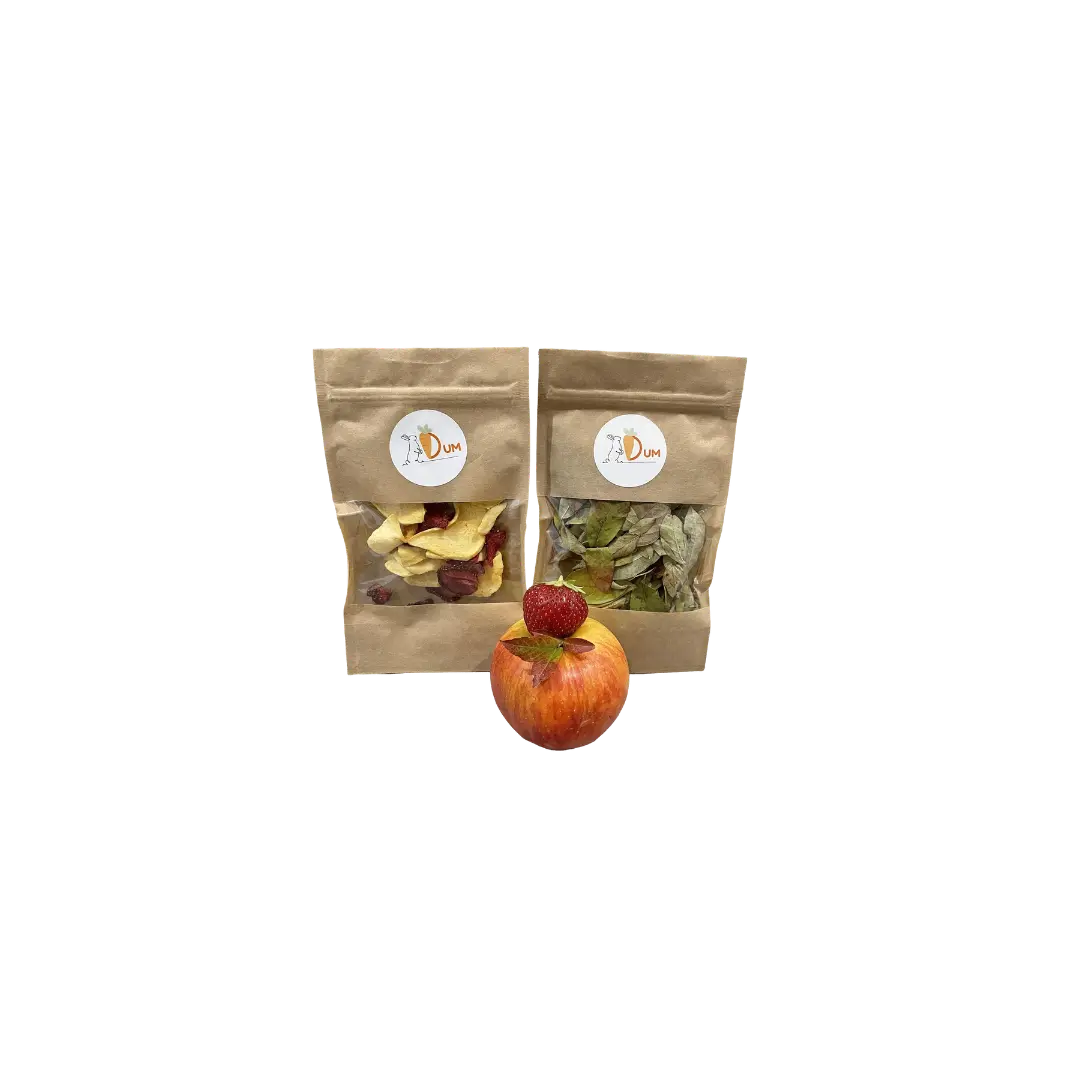 Mélange de pommes et fraises déshydratées accompagné de feuilles de myrtille séchées