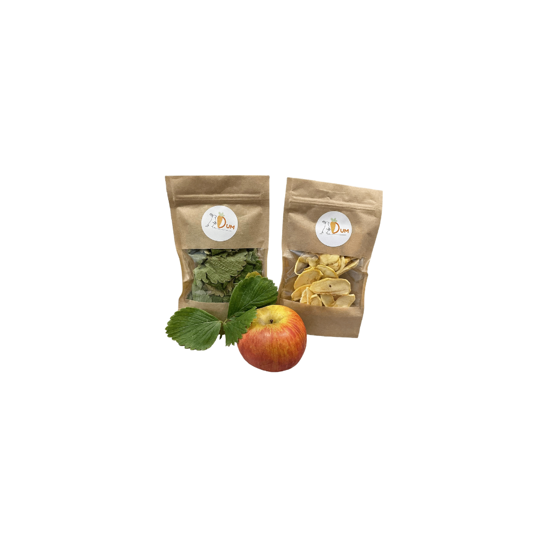 Un délicieux mélange de pommes déshydratées et de feuilles de fraisier séchées pour votre lapin soigneusement emballé dans des sachets krafts.